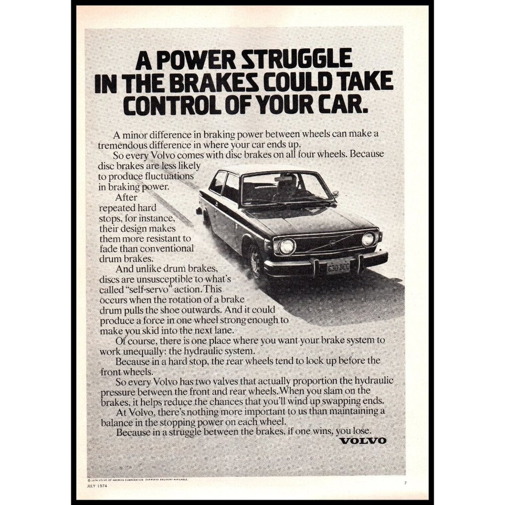 1974 Volvo 142 Coupe Vintage Print Ad Disc Brakes Skid Marks Safety Wall Art